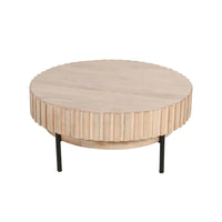 36 Inch Modern Handcrafted Round Coffee Table, Oak White Wood Top with Grooved Edges, Black Iron Legs - UPT-293347