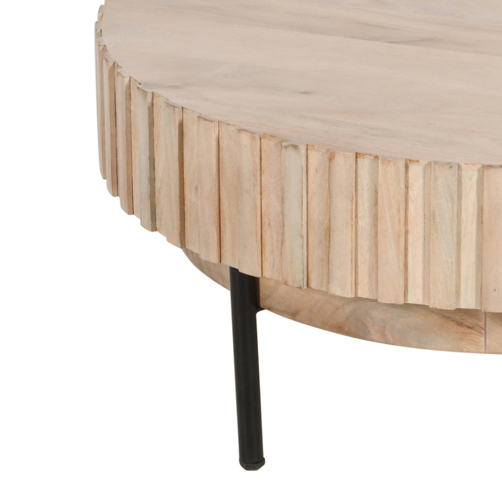 36 Inch Modern Handcrafted Round Coffee Table, Oak White Wood Top with Grooved Edges, Black Iron Legs - UPT-293347