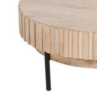 36 Inch Modern Handcrafted Round Coffee Table, Oak White Wood Top with Grooved Edges, Black Iron Legs - UPT-293347