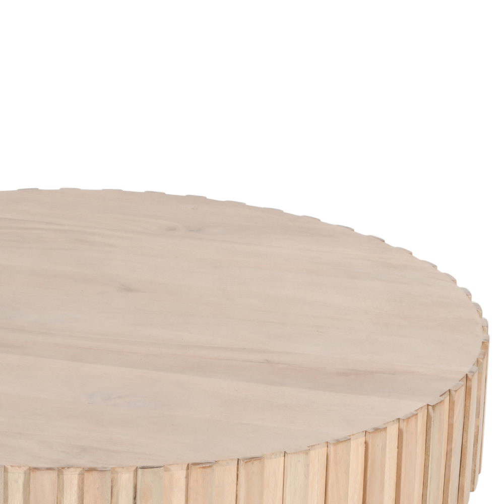 36 Inch Modern Handcrafted Round Coffee Table, Oak White Wood Top with Grooved Edges, Black Iron Legs - UPT-293347