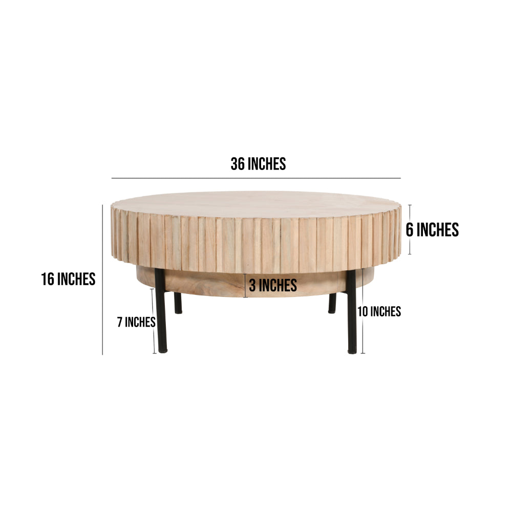 36 Inch Modern Handcrafted Round Coffee Table, Oak White Wood Top with Grooved Edges, Black Iron Legs - UPT-293347