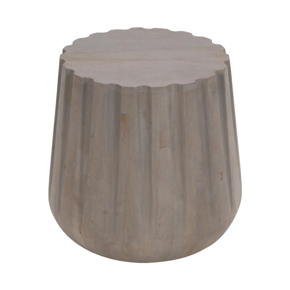 22 Inch Side End Table, Mango Wood Drum Shape with Handcrafted Grooved Edges, Gray - UPT-293348