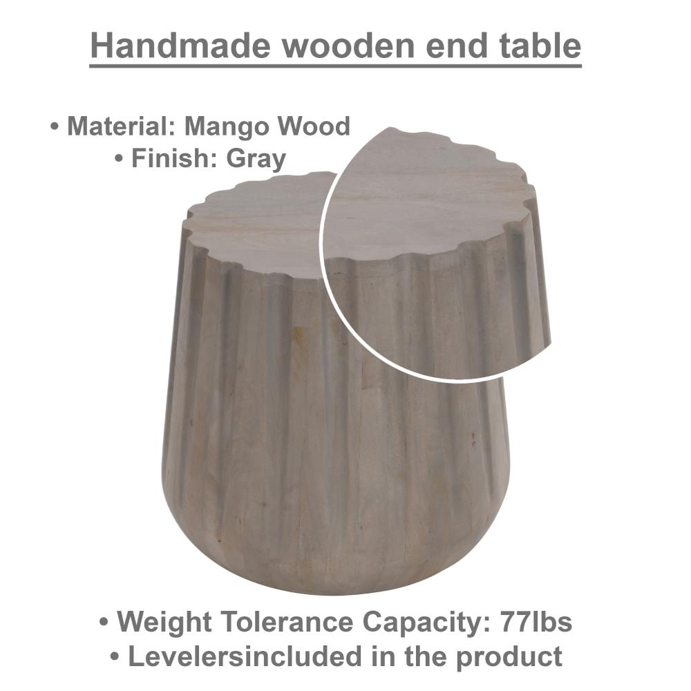 22 Inch Side End Table, Mango Wood Drum Shape with Handcrafted Grooved Edges, Gray - UPT-293348