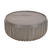 Alisha 36 Inch Coffee Table, Handcrafted Drum Shape with Ribbed Edges, Gray Mango Wood  - UPT-293349