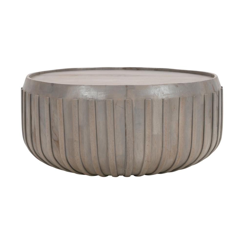 Alisha 36 Inch Coffee Table, Handcrafted Drum Shape with Ribbed Edges, Gray Mango Wood  - UPT-293349