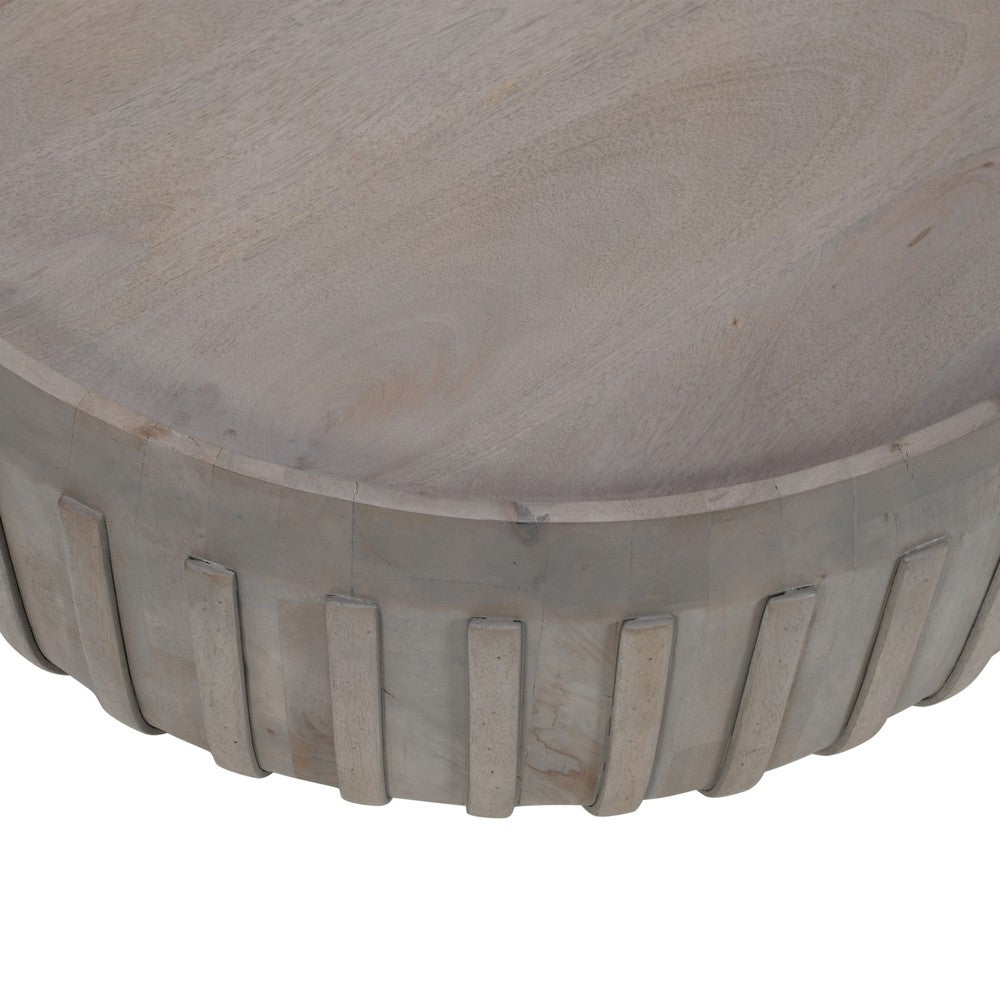 Alisha 36 Inch Coffee Table, Handcrafted Drum Shape with Ribbed Edges, Gray Mango Wood  - UPT-293349