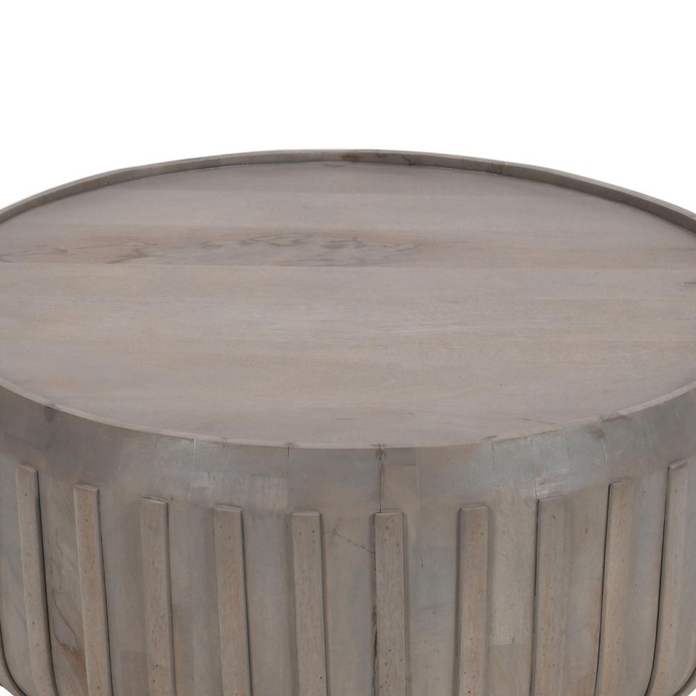 Alisha 36 Inch Coffee Table, Handcrafted Drum Shape with Ribbed Edges, Gray Mango Wood  - UPT-293349