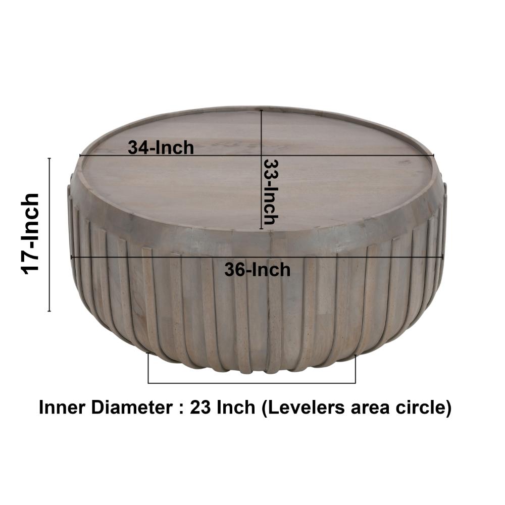 Alisha 36 Inch Coffee Table, Handcrafted Drum Shape with Ribbed Edges, Gray Mango Wood  - UPT-293349