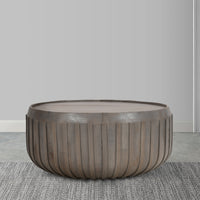 Alisha 36 Inch Coffee Table, Handcrafted Drum Shape with Ribbed Edges, Gray Mango Wood  - UPT-293349