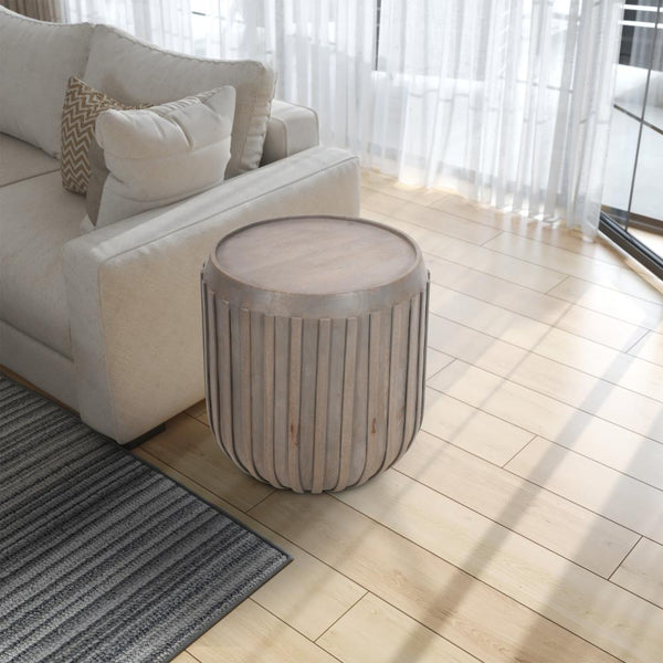 Alisha 25 Inch Side End Table, Handcrafted Mango Wood Drum Shape with Ribbed Edges, Gray - UPT-293350