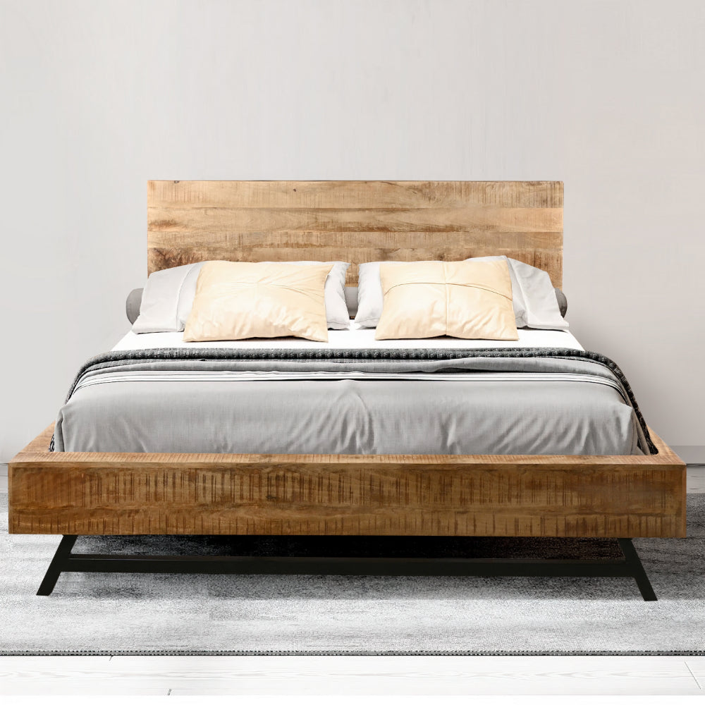 Bree Modern Rustic Queen Size Platform Bed, Brown Acacia & Mango Wood Frame, Black Iron Angled Legs - UPT-293423