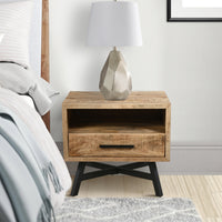 Bree 22 Inch Modern Rustic Single Drawer Nightstand, Brown Mango Wood Frame, Black Iron Angled Legs - UPT-293424