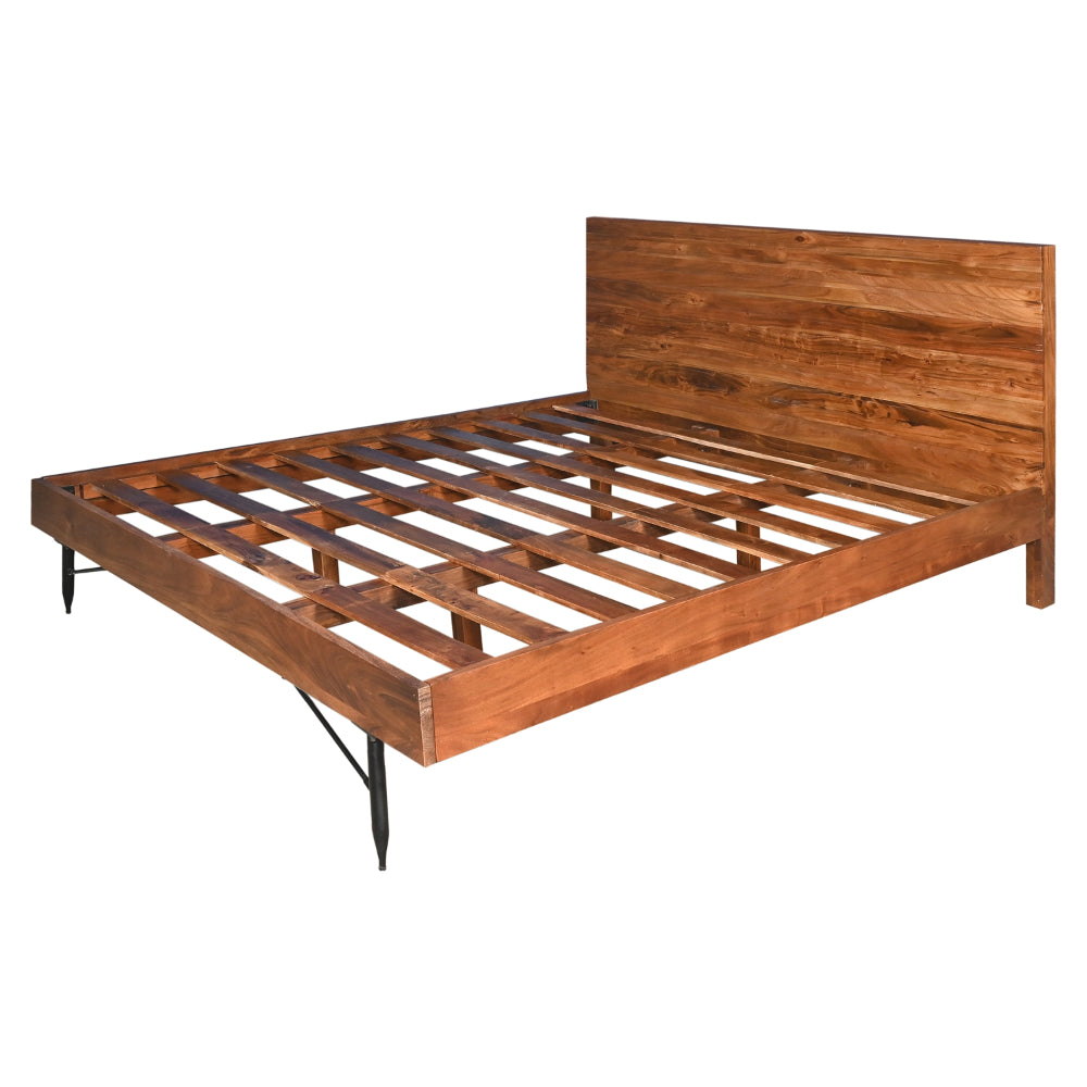 Dina Modern Rustic King Size Platform Bed, Brown Acacia Wood Frame, Black Metal Angled Legs- UPT-293425