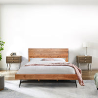 Dina Modern Rustic King Size Platform Bed, Brown Acacia Wood Frame, Black Metal Angled Legs- UPT-293425