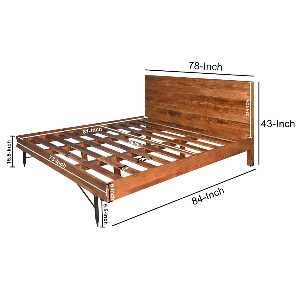 Dina Modern Rustic King Size Platform Bed, Brown Acacia Wood Frame, Black Metal Angled Legs- UPT-293425