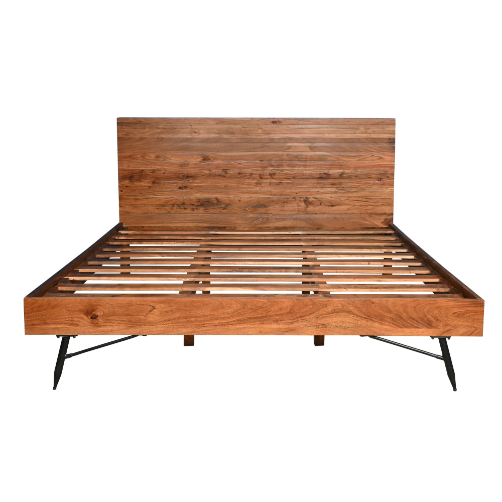 Dina Modern Rustic Queen Size Platform Bed, Brown Acacia Wood Frame, Black Metal Angled Legs- UPT-293426