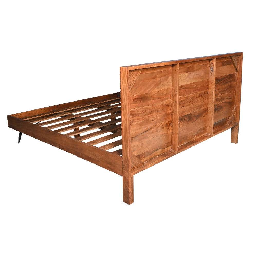 Dina Modern Rustic Queen Size Platform Bed, Brown Acacia Wood Frame, Black Metal Angled Legs- UPT-293426