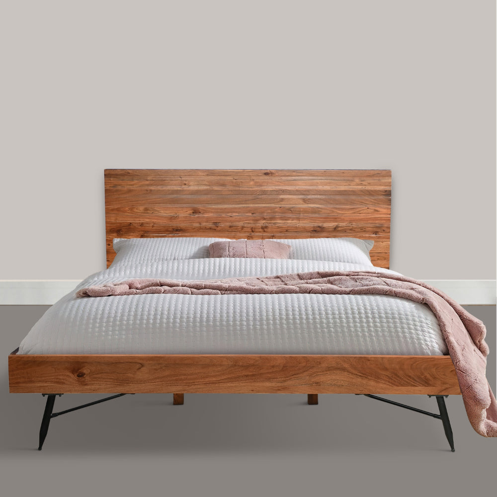 Dina Modern Rustic Queen Size Platform Bed, Brown Acacia Wood Frame, Black Metal Angled Legs- UPT-293426