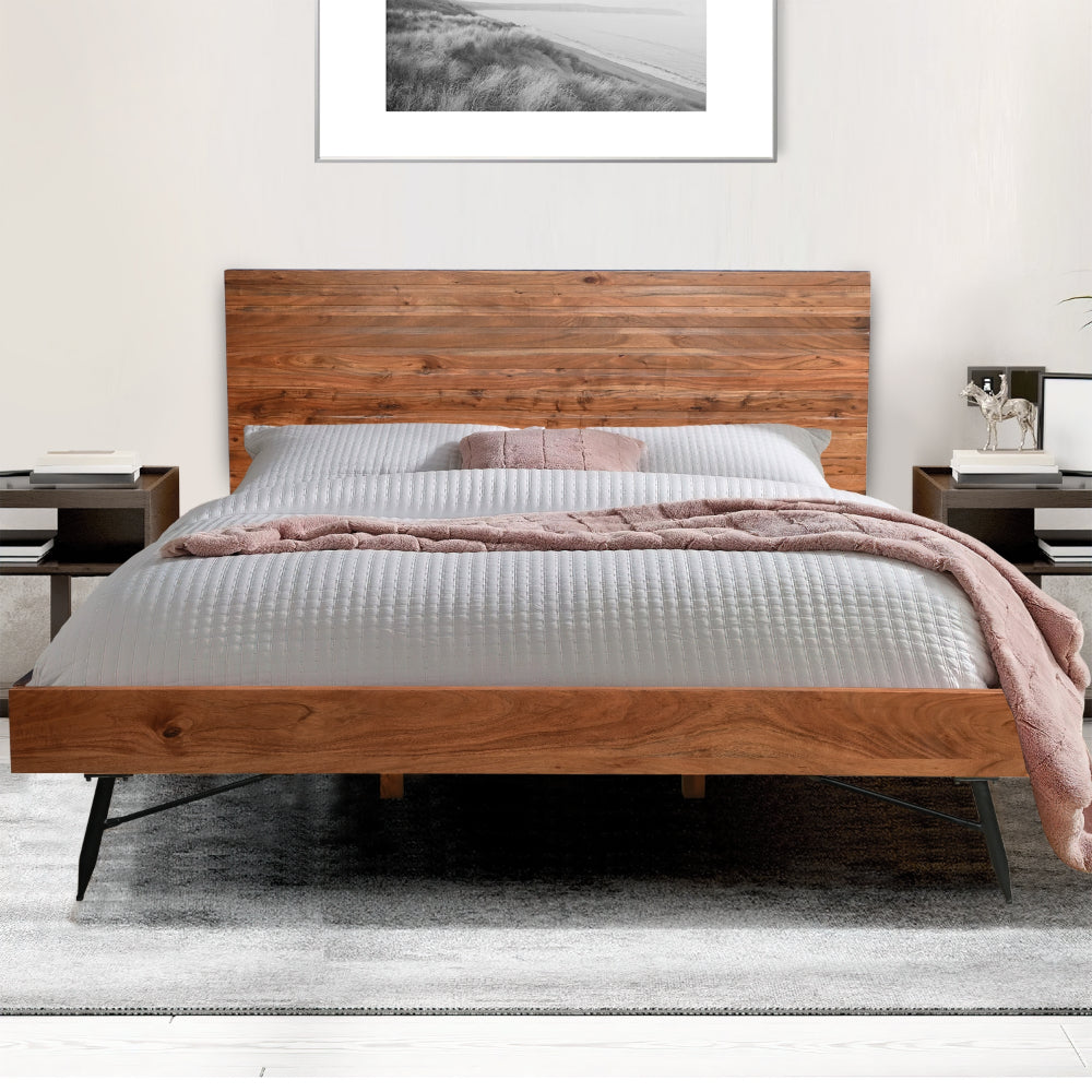 Dina Modern Rustic Queen Size Platform Bed, Brown Acacia Wood Frame, Black Metal Angled Legs- UPT-293426