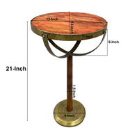 13 Inch Drink End Table, Etched Design, Martini Glass Shape, Antique Brass and Brown - UPT-293501
