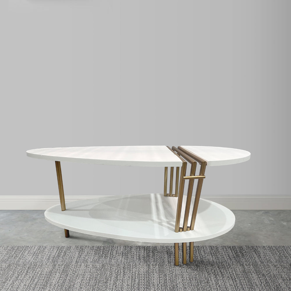 36 Inch Modern Coffee Table, Oval Elliptical Shape, White Mango Wood With Antique Brass - UPT-293502