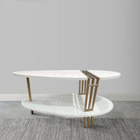 36 Inch Modern Coffee Table, Oval Elliptical Shape, White Mango Wood With Antique Brass - UPT-293502