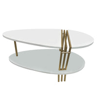 36 Inch Modern Coffee Table, Oval Elliptical Shape, White Mango Wood With Antique Brass - UPT-293502