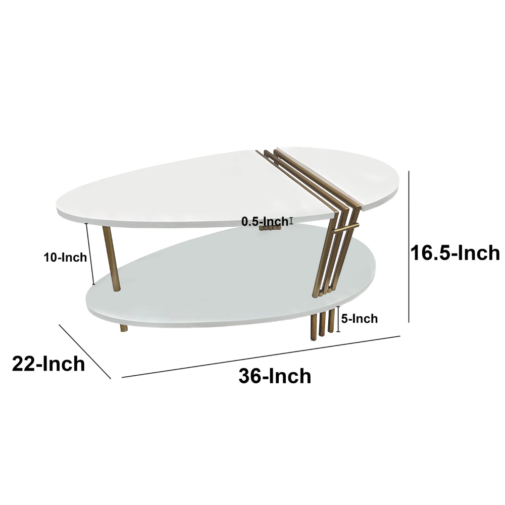 36 Inch Modern Coffee Table, Oval Elliptical Shape, White Mango Wood With Antique Brass - UPT-293502