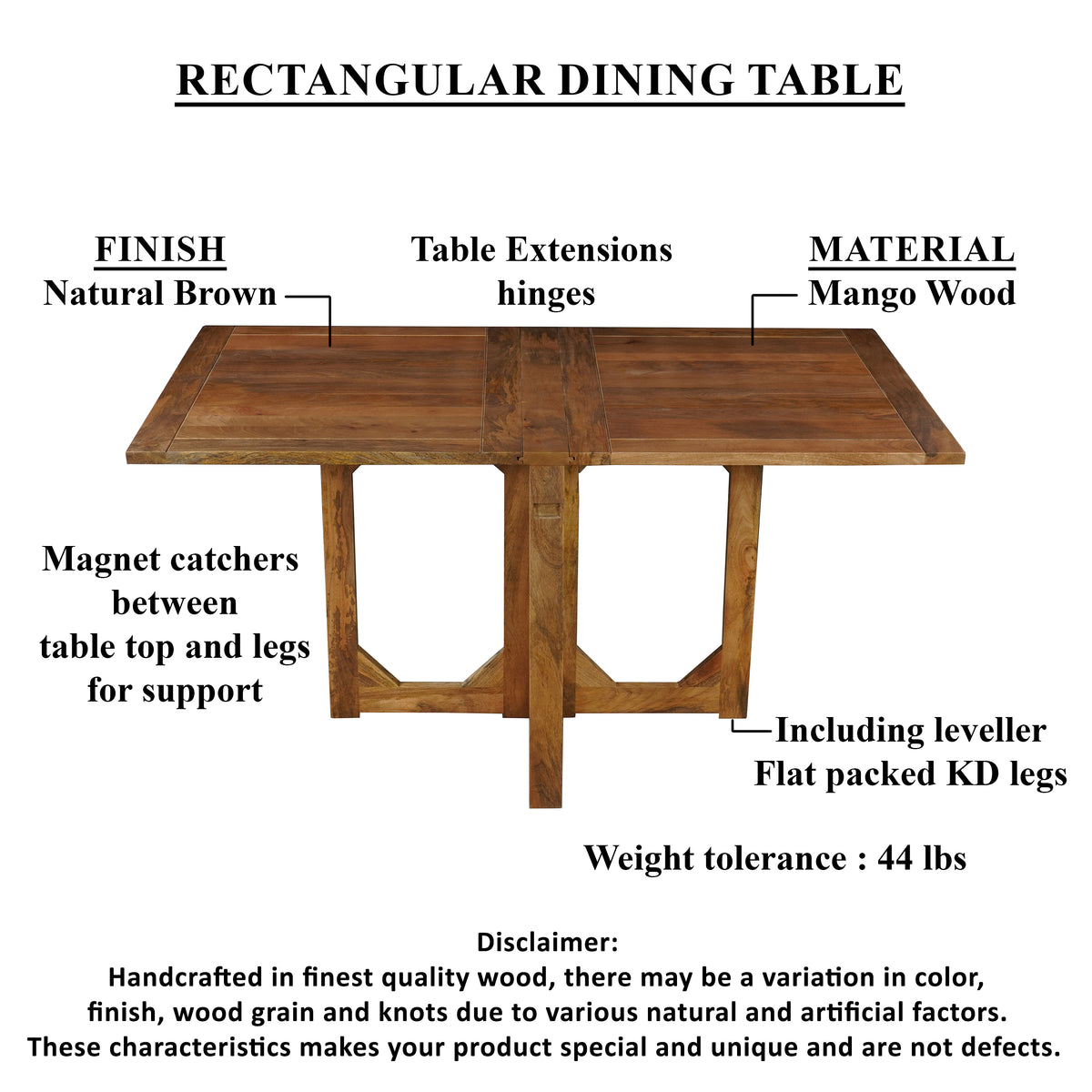 62 Inch Rectangular Dining Table, Handcrafted Natural Mango Wood with Magnetic Catchers - UPT-294094