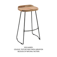 Tiva 30 Inch Handcrafted Backless Barstool, Natural Brown Mango Wood Saddle Seat, Black Metal Base - UPT-294095