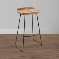 Tiva 30 Inch Handcrafted Backless Barstool, Natural Brown Mango Wood Saddle Seat, Black Metal Base - UPT-294095
