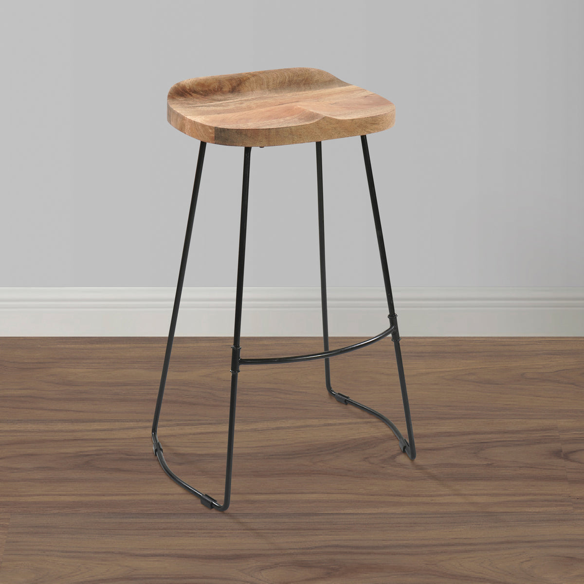 Tiva 30 Inch Handcrafted Backless Barstool, Natural Brown Mango Wood Saddle Seat, Black Metal Base - UPT-294095