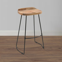 Tiva 30 Inch Handcrafted Backless Barstool, Natural Brown Mango Wood Saddle Seat, Black Metal Base - UPT-294095