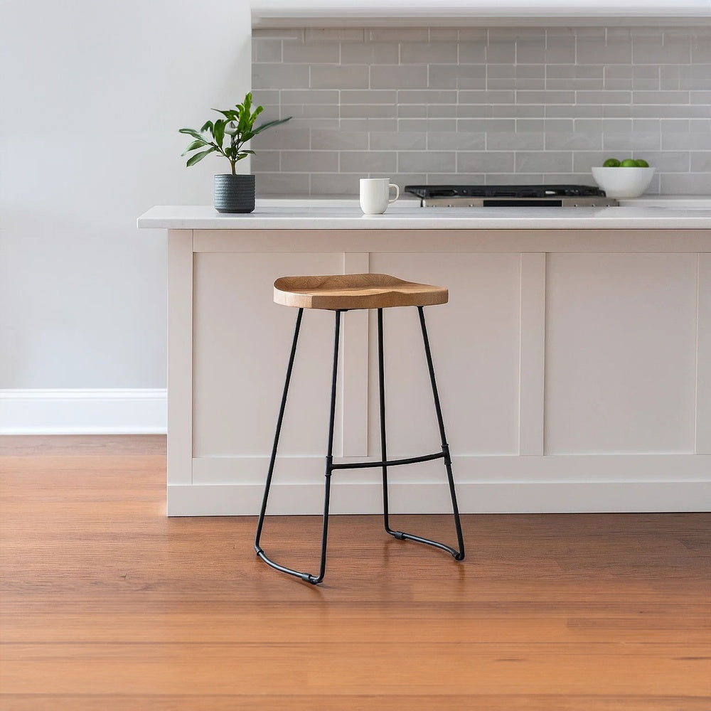 Tiva 30 Inch Handcrafted Backless Barstool, Natural Brown Mango Wood Saddle Seat, Black Metal Base - UPT-294095