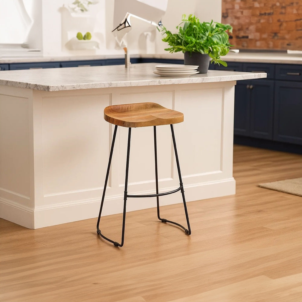 Tiva 30 Inch Handcrafted Backless Barstool, Natural Brown Mango Wood Saddle Seat, Black Metal Base - UPT-294095