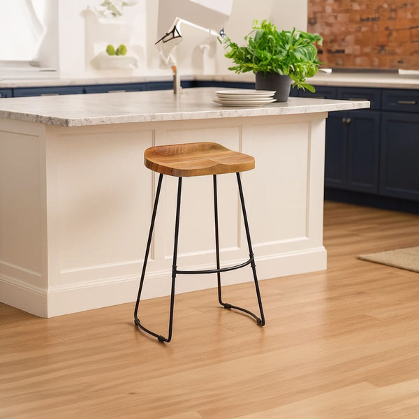 Tiva 30 Inch Handcrafted Backless Barstool, Natural Brown Mango Wood Saddle Seat, Black Metal Base - UPT-294095