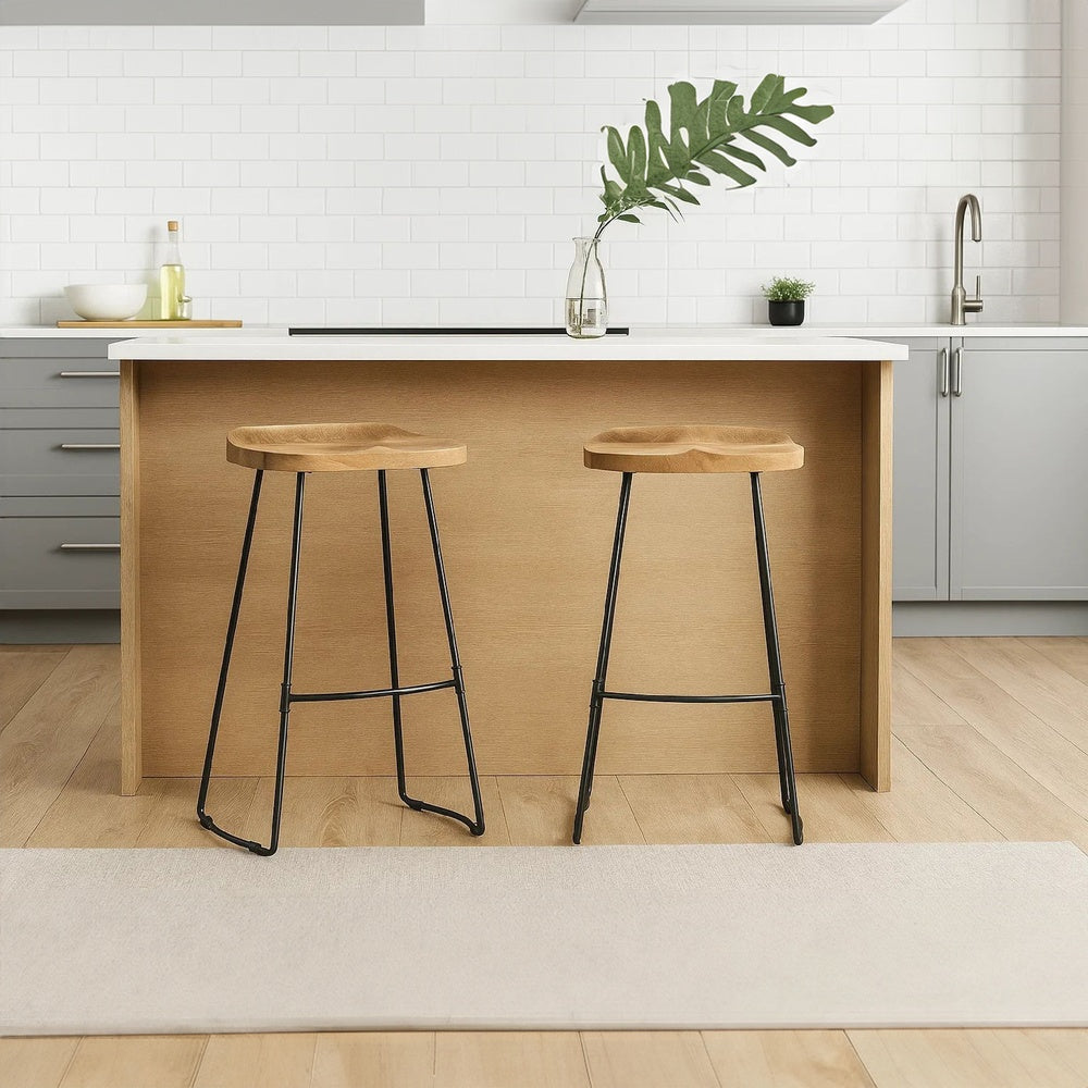 Tiva 30 Inch Handcrafted Backless Barstool, Natural Brown Mango Wood Saddle Seat, Black Metal Base - UPT-294095