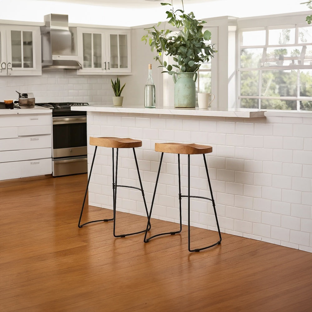 Tiva 30 Inch Handcrafted Backless Barstool, Natural Brown Mango Wood Saddle Seat, Black Metal Base - UPT-294095