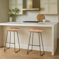 Tiva 30 Inch Handcrafted Backless Barstool, Natural Brown Mango Wood Saddle Seat, Black Metal Base - UPT-294095