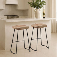 Tiva 30 Inch Handcrafted Backless Barstool, Natural Brown Mango Wood Saddle Seat, Black Metal Base - UPT-294095