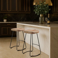 Tiva 30 Inch Handcrafted Backless Barstool, Natural Brown Mango Wood Saddle Seat, Black Metal Base - UPT-294095