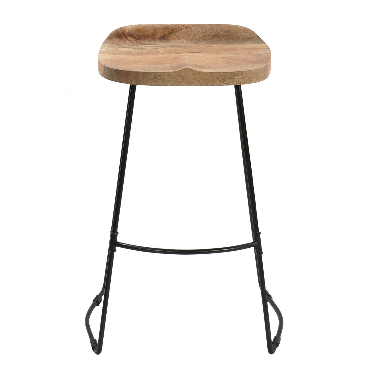 Tiva 30 Inch Handcrafted Backless Barstool, Natural Brown Mango Wood Saddle Seat, Black Metal Base - UPT-294095