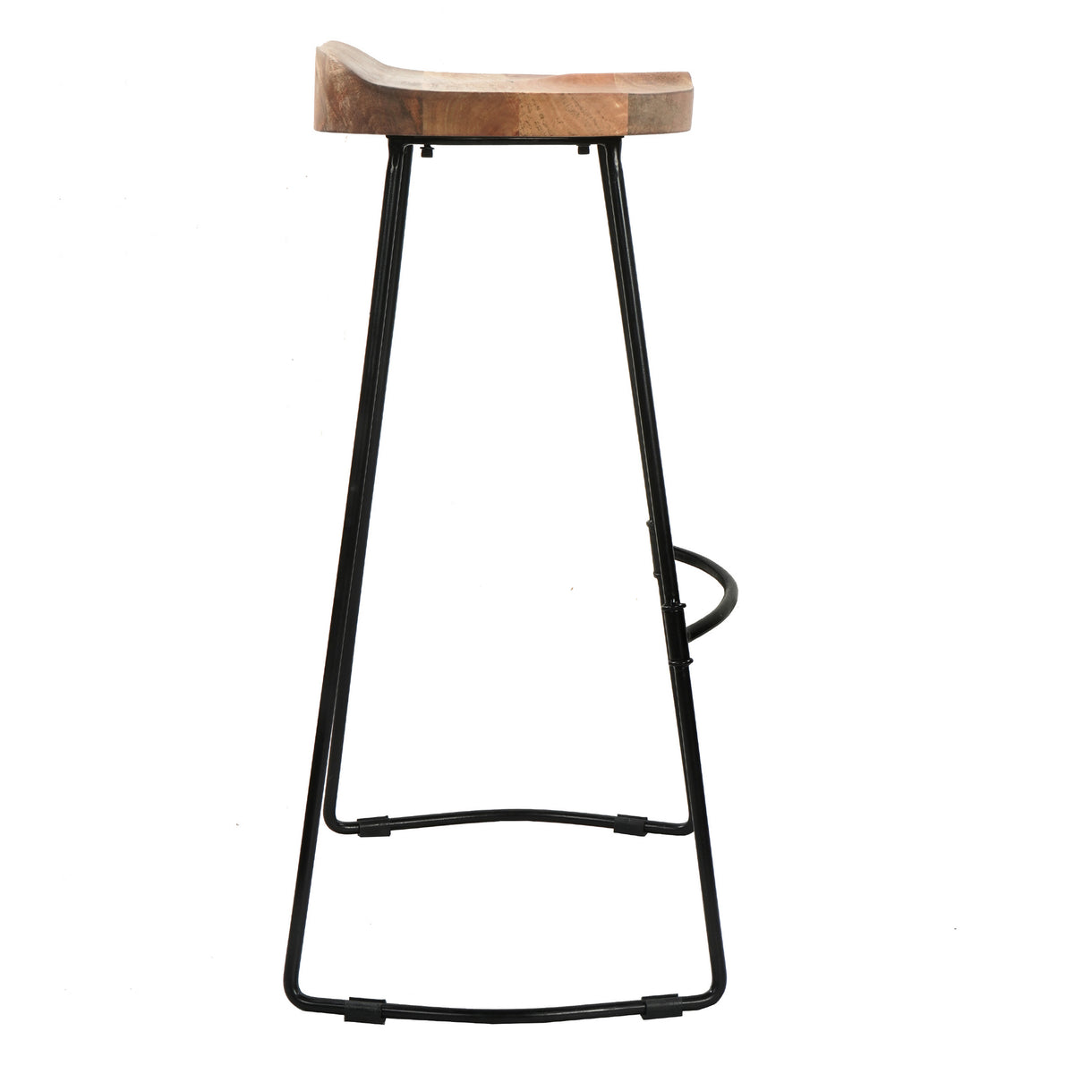 Tiva 30 Inch Handcrafted Backless Barstool, Natural Brown Mango Wood Saddle Seat, Black Metal Base - UPT-294095