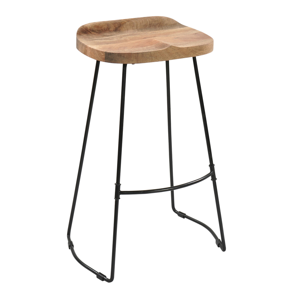 Tiva 30 Inch Handcrafted Backless Barstool, Natural Brown Mango Wood Saddle Seat, Black Metal Base - UPT-294095