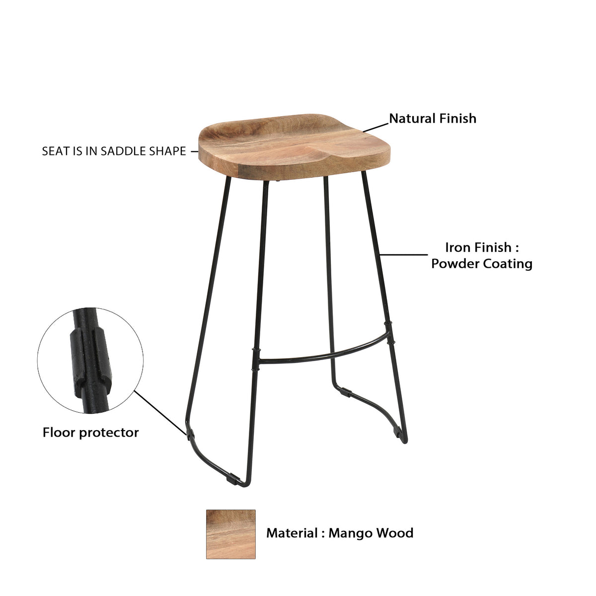 Tiva 30 Inch Handcrafted Backless Barstool, Natural Brown Mango Wood Saddle Seat, Black Metal Base - UPT-294095