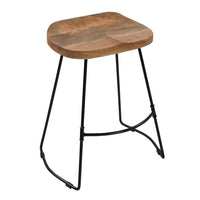 Tiva 24 Inch Handcrafted Backless Counter Height Stool, Brown Mango Wood Saddle Seat, Black Metal Base - UPT-294096