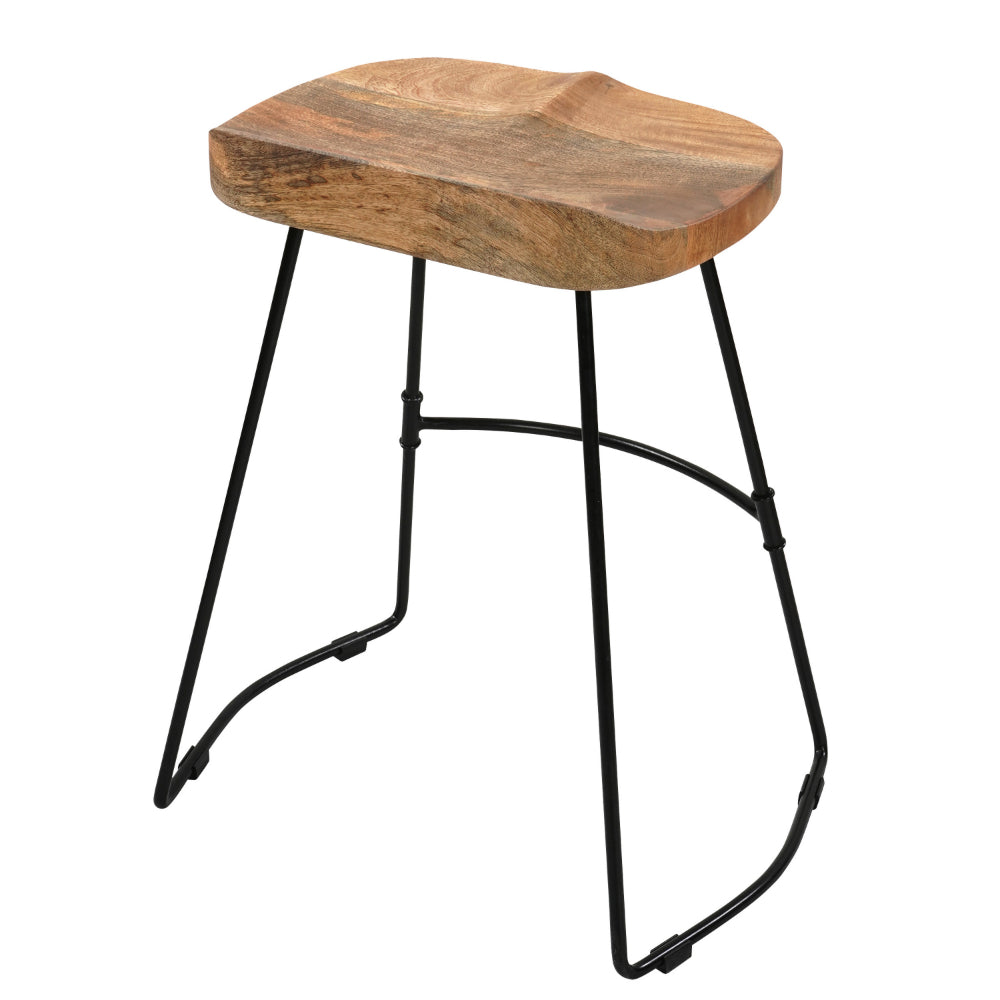 Tiva 24 Inch Handcrafted Backless Counter Height Stool, Brown Mango Wood Saddle Seat, Black Metal Base - UPT-294096