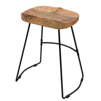 Tiva 24 Inch Handcrafted Backless Counter Height Stool, Brown Mango Wood Saddle Seat, Black Metal Base - UPT-294096