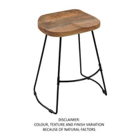 Tiva 24 Inch Handcrafted Backless Counter Height Stool, Brown Mango Wood Saddle Seat, Black Metal Base - UPT-294096