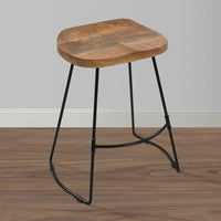 Tiva 24 Inch Handcrafted Backless Counter Height Stool, Brown Mango Wood Saddle Seat, Black Metal Base - UPT-294096